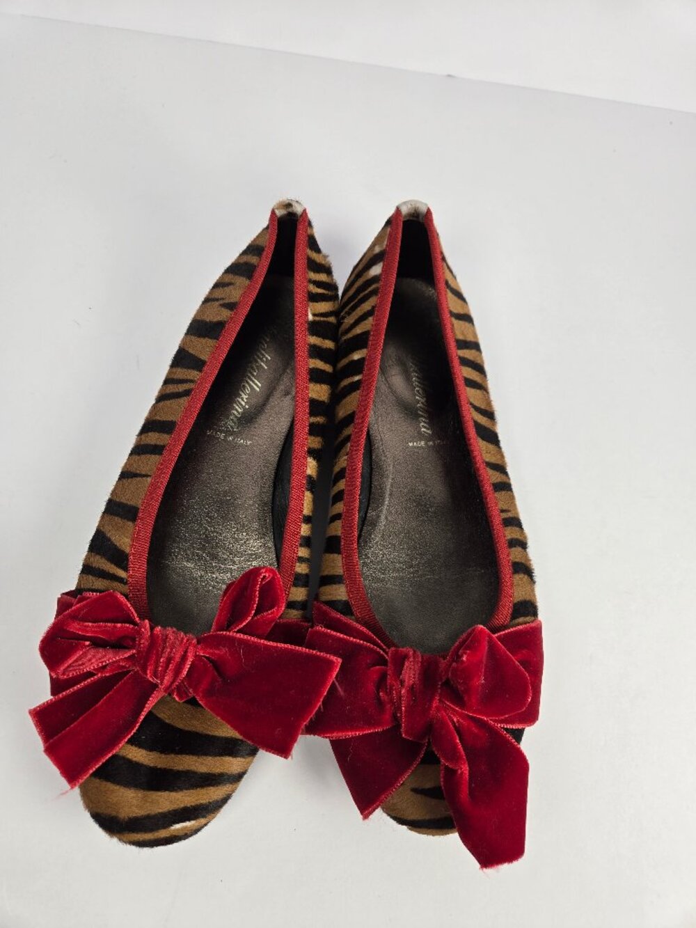 Anniel Ballerina Tiger Print Calf Hair Flats Red Velvet Bow Made in Italy Sz 38